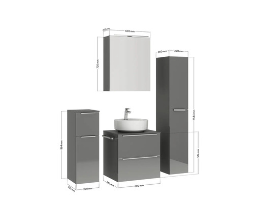 Badezimmermöbelset mit Waschtisch, Waschbecken, Spiegelschrank und Hochschrank mit Maßangaben