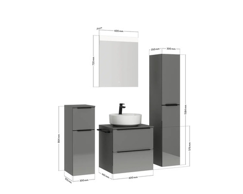 Ensemble de salle de bains avec lavabo, meuble sous-vasque, armoire de toilette et armoire haute avec dimensions