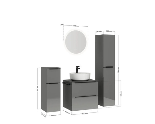 Badezimmer-Set mit Waschtisch, Spiegel und Hochschrank mit Maßangaben