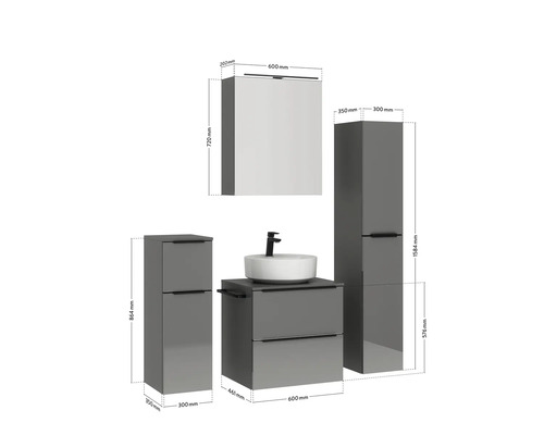 Badezimmer-Set mit Waschbecken, Waschtischunterschrank, Spiegelschrank und Hochschrank mit Maßangaben