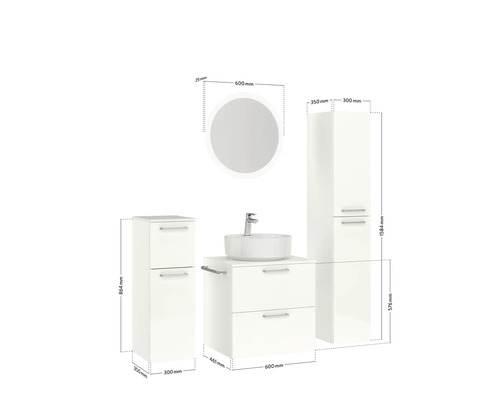 Ensemble de salle de bains avec meuble-lavabo, lavabo, armoire de toilette et armoire haute avec dimensions