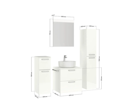 Ensemble de salle de bains avec meuble-lavabo, lavabo, armoire de toilette et armoires hautes avec indications de taille