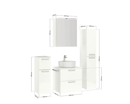 Badezimmer Möbel Set mit Waschtisch, Waschbecken, Spiegelschrank und Hochschränken mit Maßangaben