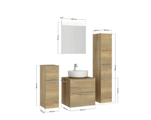 Ensemble de salle de bains avec meuble-lavabo, lavabo, armoire de toilette et armoire haute avec dimensions