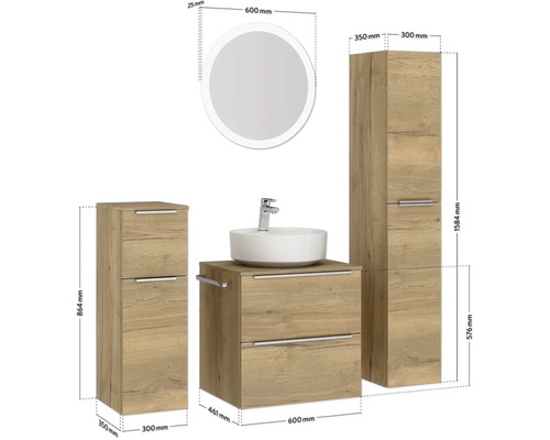 Ensemble de salle de bains avec meuble-lavabo, vasque à poser, armoire de toilette et armoire latérale avec tiroirs