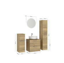 Badmöbel-Set NOBILIA Modern BxHxT 140 x 169,1 x 49 cm Frontfarbe eiche hell mit Spiegel rund mit LED-Beleuchtung Unterschrank Midischrank Griff schwarz 638