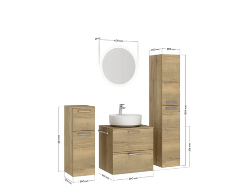 Badezimmer-Set mit Waschtisch, Spiegelschrank und Hochschrank mit Maßangaben