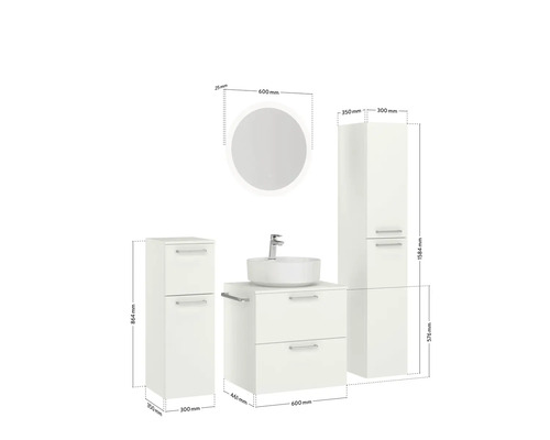 Abmessungen eines Badezimmermöbelsets mit Waschtisch, Waschbecken, Spiegelschrank und Hochschrank