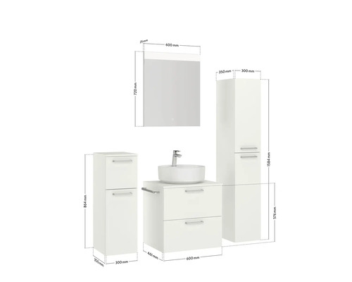 Ensemble de meubles de salle de bains avec lavabo, meuble sous-vasque, armoire de toilette et armoire haute avec dimensions