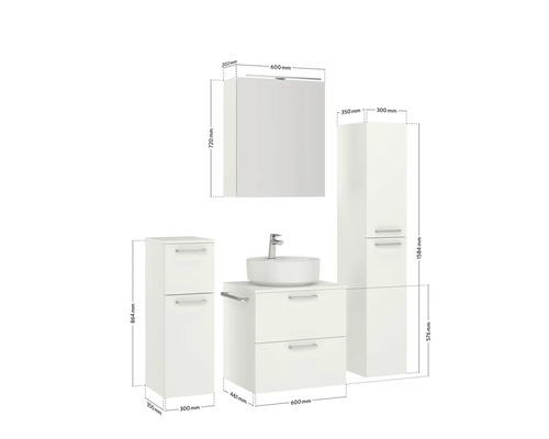 Badezimmer-Set mit Waschtisch, Waschbecken, Spiegelschrank und Hochschrank mit Maßangaben