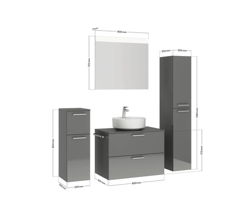 Badezimmerset mit Waschtisch, Aufsatzwaschbecken, Spiegelschrank und Hochschrank mit Maßangaben
