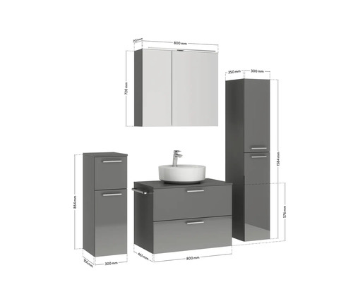 Badezimmer Möbelset mit Waschtisch, Waschtischunterschrank, Spiegelschrank und Hochschrank mit Maßangaben