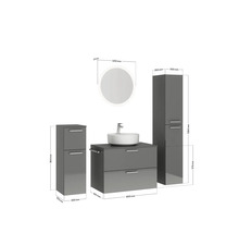 Badmöbel-Set NOBILIA Modern BxHxT 160 x 169,1 x 49 cm Frontfarbe grau hochglanz mit Spiegel rund mit LED-Beleuchtung Unterschrank Midischrank Griff chrom matt 693