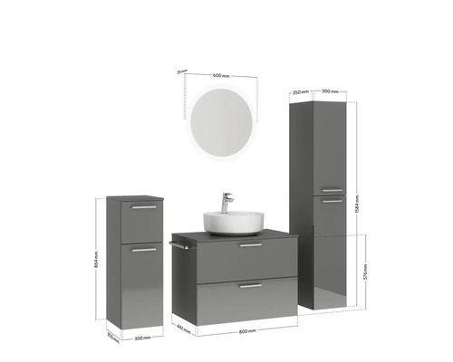 Badezimmerensemble mit Waschtischunterschrank, Waschbecken, Spiegelschrank und Hochschrank mit Maßangaben