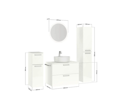 Ensemble de salle de bains avec lavabo, meuble sous-lavabo, armoire haute et miroir avec indications de dimensions