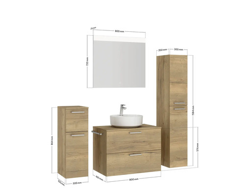 Badezimmer Möbelset mit Waschtischunterschrank, Waschbecken, Spiegelschrank und Hochschrank
