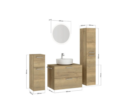 Waschtisch mit Waschbecken, Spiegel und Hochschrank mit Maßangaben