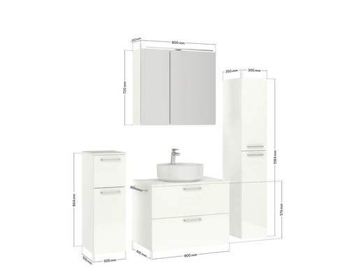 Badezimmermöbelset mit Waschtischunterschrank, Waschbecken, Spiegelschrank und Hochschränken mit Maßangaben