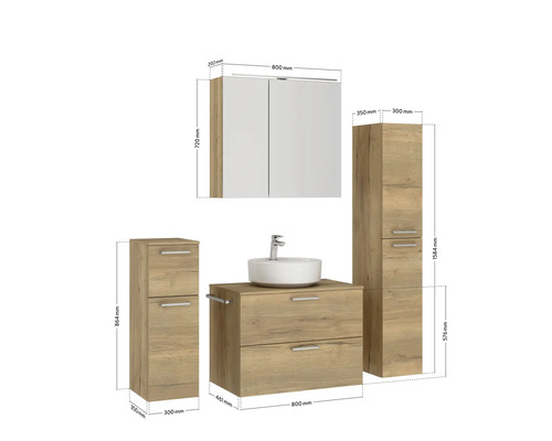 Badezimmermöbelset mit Waschtisch, Waschbecken, Spiegelschrank und Hochschrank