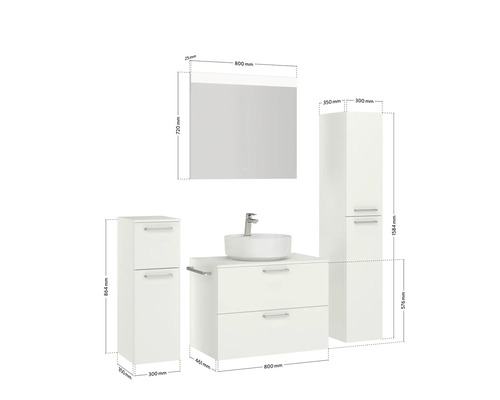 Ensemble de salle de bains avec meuble sous-lavabo, vasque à poser, armoire de toilette et armoire haute