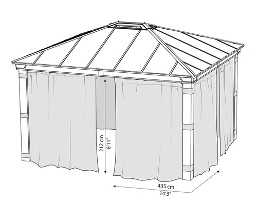 Illustration d''un pavillon avec rideaux et indications de dimensions