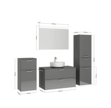 Badmöbel-Set NOBILIA Modern BxHxT 180 x 169,1 x 49 cm Frontfarbe grau hochglanz mit Spiegel mit LED-Beleuchtung Unterschrank Midischrank Griff chrom matt 733
