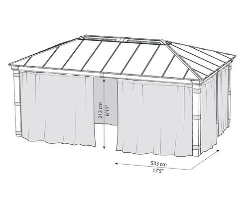 Illustration d''un pavillon avec rideaux et indications de dimensions
