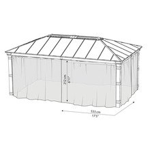 Skizze eines Pavillons mit einer Höhe von 212 cm und einer Breite von 533 cm