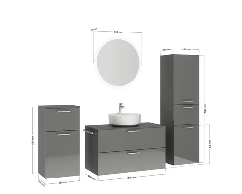 Badezimmermöbelset mit Waschtisch, Aufsatzwaschbecken, Spiegel und Hochschränken mit Maßangaben