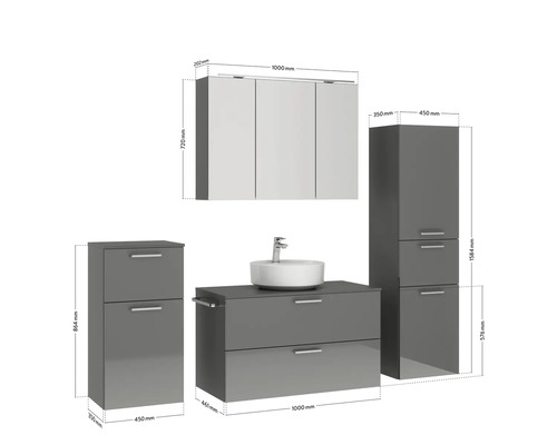 Badezimmermöbelset mit Waschtisch, Waschbecken, Spiegelschrank und Hochschrank mit Maßangaben