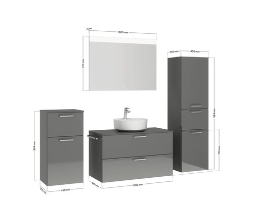 Badezimmer-Set mit Waschtischunterschrank, Waschbecken, Spiegelschrank und Hochschränken, Abmessungen sind dargestellt