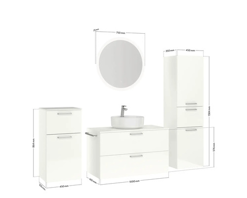Ensemble de meubles de salle de bains avec lavabo, miroir et armoires avec dimensions