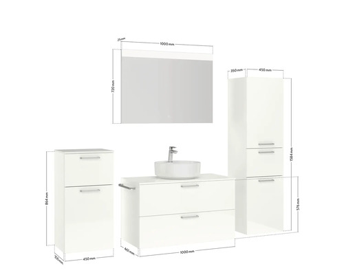 Meuble-lavabo avec meuble bas, armoire de toilette et armoire haute avec dimensions