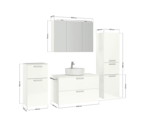 Badezimmermöbelset mit Waschtisch, Waschbecken, Spiegelschrank und Hochschrank mit Maßangaben