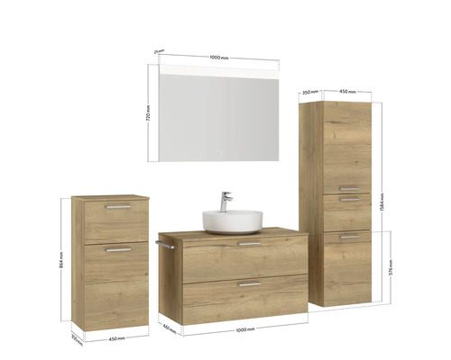 Badezimmerset mit Waschtisch, Spiegel und Schränken mit Maßangaben