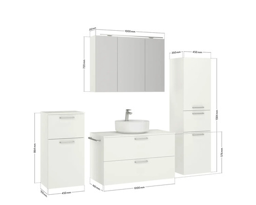 Abbildung der Maße eines Badezimmermöbel-Sets mit Waschtischunterschrank, Waschbecken, Spiegelschrank und Hochschrank.