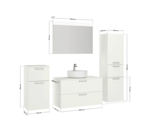 Badezimmerensemble mit Waschtisch, Spiegelschrank und Hochschrank mit Maßen