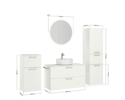 Badezimmer Set mit Waschtisch, Spiegel und Schränken mit Maßangaben