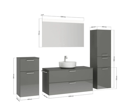 Badezimmerset mit Waschbecken, Unterschrank, Spiegelschrank und Hochschrank mit Maßangaben