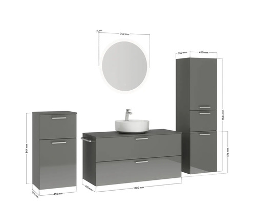 Badezimmermöbelset mit Waschtisch, Waschbecken, Spiegelschrank und Seitenschrank mit Maßangaben