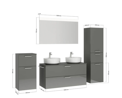 Badezimmer Set mit Waschtisch, zwei Aufsatzwaschbecken, Spiegelschrank und zwei Hochschränken mit Maßen
