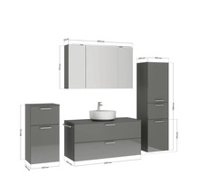 Badmöbel-Set NOBILIA Modern BxHxT 200 x 169,1 x 49 cm Frontfarbe grau hochglanz mit Spiegelschrank mit LED-Beleuchtung Unterschrank Midischrank Griff chrom matt 797