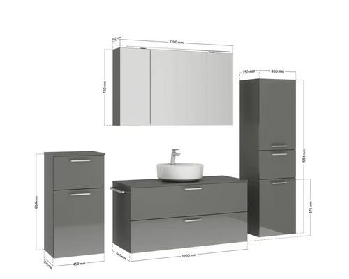 Badezimmermöbelset mit Waschbecken, Spiegelschrank und Hochschränken mit Maßangaben
