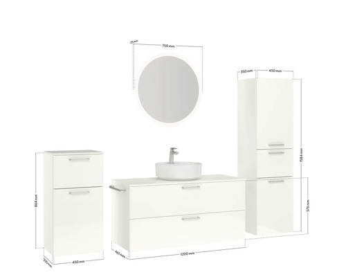 Salle de bains avec meuble sous-lavabo, deux armoires suspendues et miroir rond avec dimensions