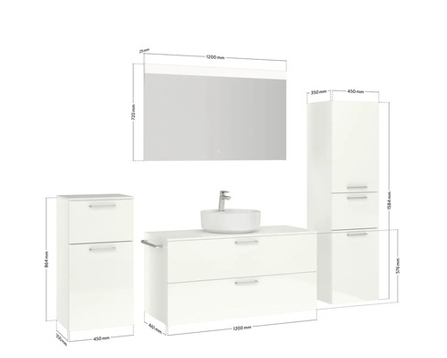 Combinaison de meuble-lavabo de salle de bains avec miroir, meuble-lavabo, lavabo et armoires avec dimensions