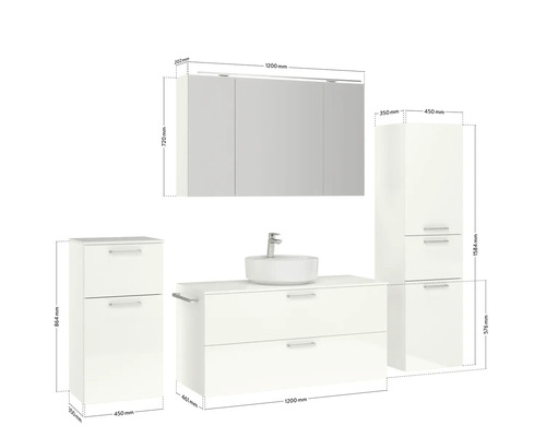 Weißes Badezimmermöbelset mit Waschtisch, Aufsatzwaschbecken, Spiegelschrank und Hochschrank mit Maßangaben