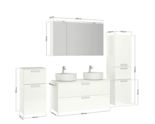 Waschtisch mit Waschbecken, Spiegelschrank und Hochschrank mit Maßangaben