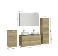 Doppel-Badmöbel-Set NOBILIA Modern BxHxT 200 x 169,1 x 49 cm Frontfarbe eiche hell mit Spiegelschrank mit LED-Beleuchtung Unterschrank Midischrank Griff chrom matt 847