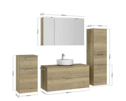 Badezimmer Set mit Waschbecken, Unterschrank, Hängeschrank und Hochschrank mit Maßangaben