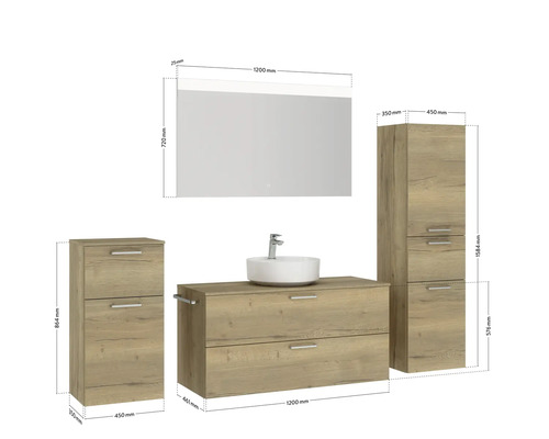 Badezimmermöbelset mit Waschtisch, Spiegel und Schränken mit Maßangaben